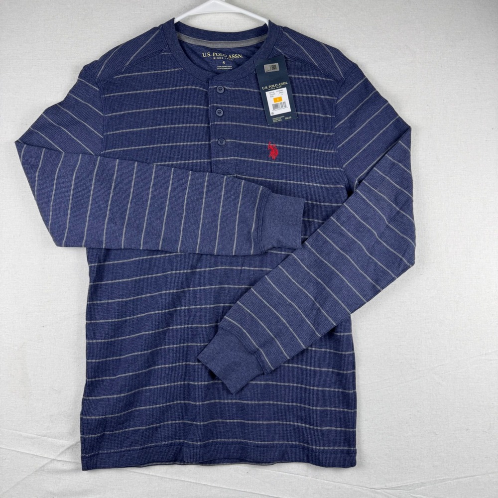 US Polo Assn Mens Small Navy Striped Waffle Thermal Henley Long Sleeve 11C90083